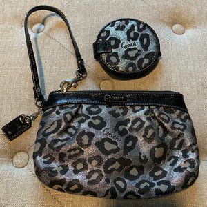 Coach Leopard Print Silver & Black Wristlet with Matching Mirror